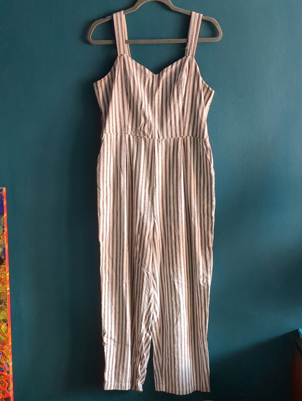 Linen Blend Cream and Brown Striped Jumpsuit Romper Sleeveless Wide Leg